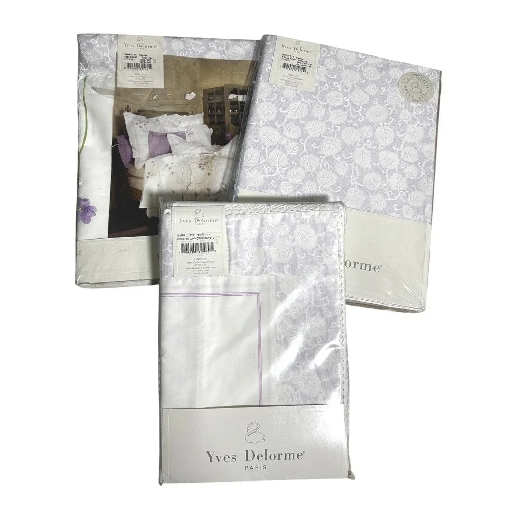 Yves Delorme‎ Violette Lavender Percalle Twin Sheet Set Sham Flat Fitted NWT